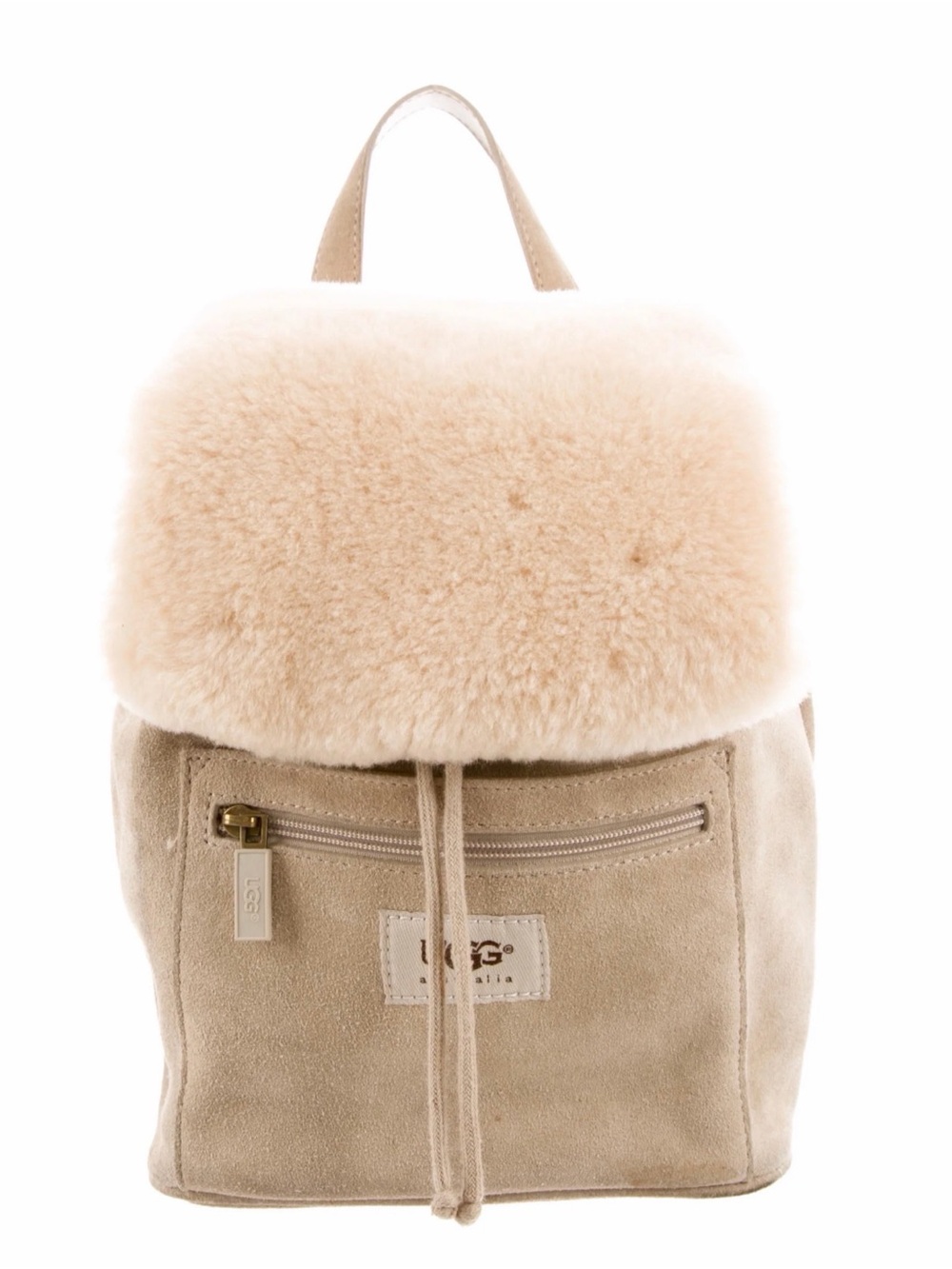 UGG Women's Sheepskin Flap Drawstring Backpack in Beige